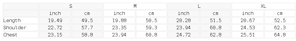 Size chart for the Women's Loose Fit Asymmetrical Neck Sleeveless T-Shirt