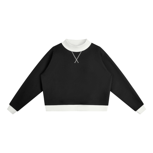 Women's Mock Neck Crewneck Sweatshirt in black with white