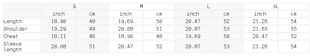 Size chart for the Women's Mock Neck Zip Up Cardigan