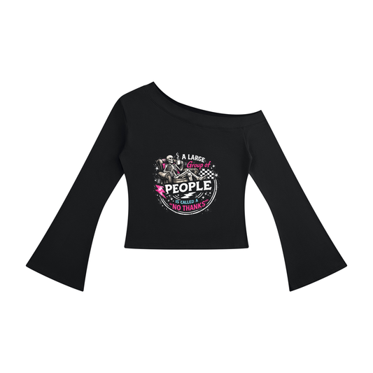 Women’s No Thanks Skeleton Off-Shoulder Bell Sleeve Top - Black