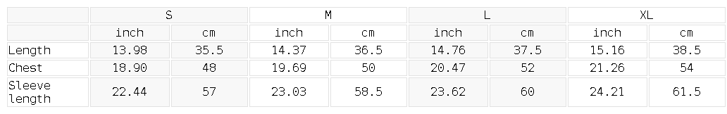 Size chart for the Women's Off-Shoulder Full Zip Hoodie