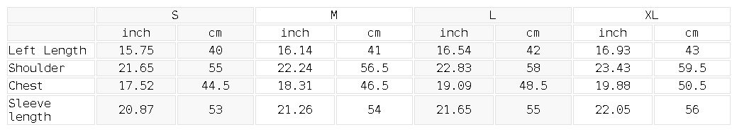 Size chart for the Women's Off-Shoulder Sweatshirt
