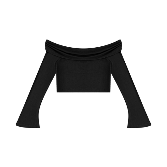Women's Off-the-Shoulder Bell Sleeve Crop T-Shirt in black
