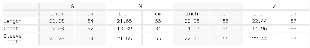 Size chart for the Women's Off-the-Shoulder Long Sleeve T-Shirt