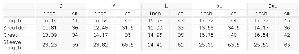 Size chart for the Women's Panelled Long Sleeve Yoga T-Shirt