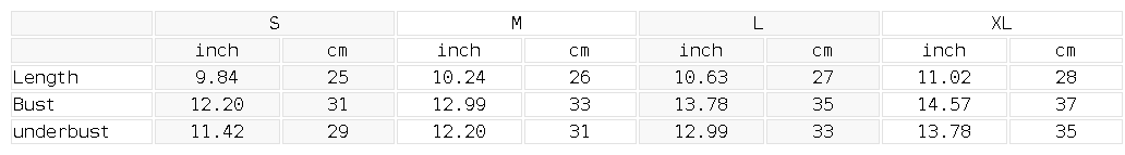 Size chart for the Women's Ruched Cropped Tube Top