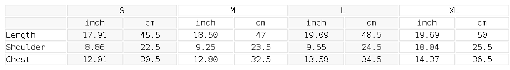 Size chart for the Women's Ruched Tank Top