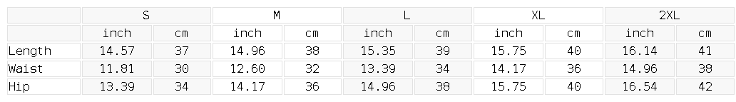 Size chart for the Women's Ruched Yoga Shorts