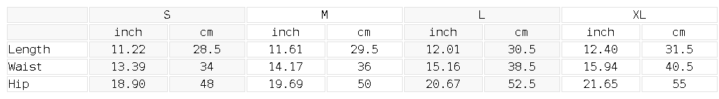 Size chart for the Women's Slim Camo Shorts