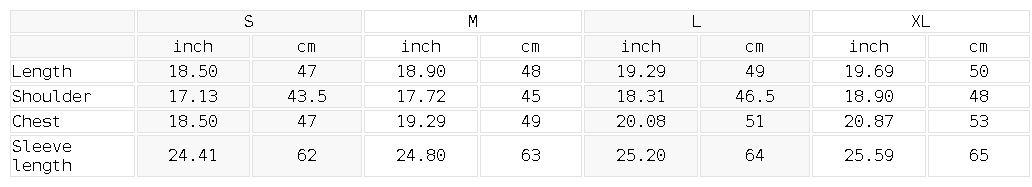 Size chart for the Women's Slim Crop Full Zip Hoodie