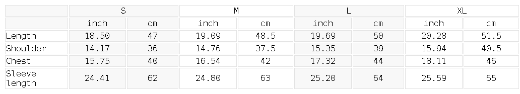 Size chart for the Women's Slim Cropped Full Zip Hoodie