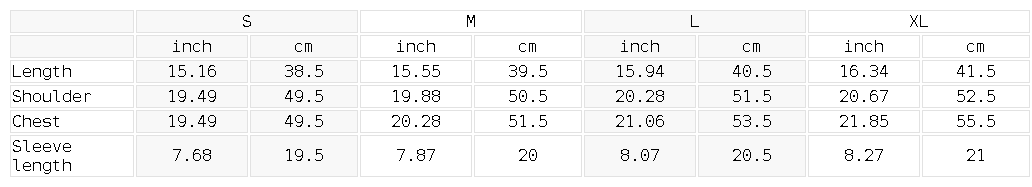 Size chart for the Women's Slim Fit Asymmetrical Neck T-Shirt