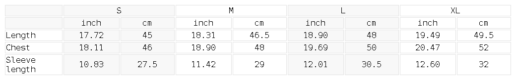 Size chart for the Women's Snow Washed Raglan Crop T-Shirt