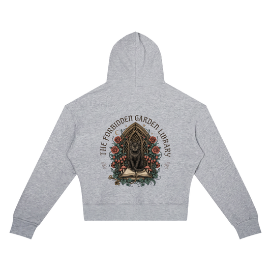 Women’s cropped drop-shoulder hoodie with a black cat in a gothic garden library doorway, The Forbidden Garden Library back print