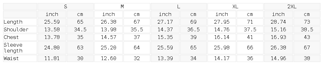 Size chart for the Women's Tight Long Sleeve Yoga Bodysuit