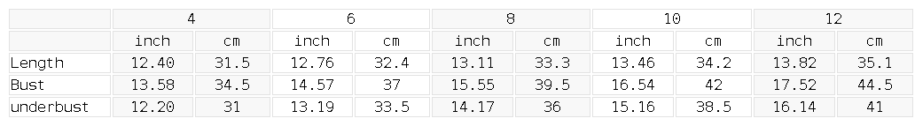 Size chart for the Women's U-Neck Yoga Crop Tank Top