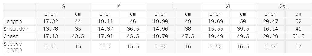 Size chart for the Women's Varsity Stripe T-Shirt