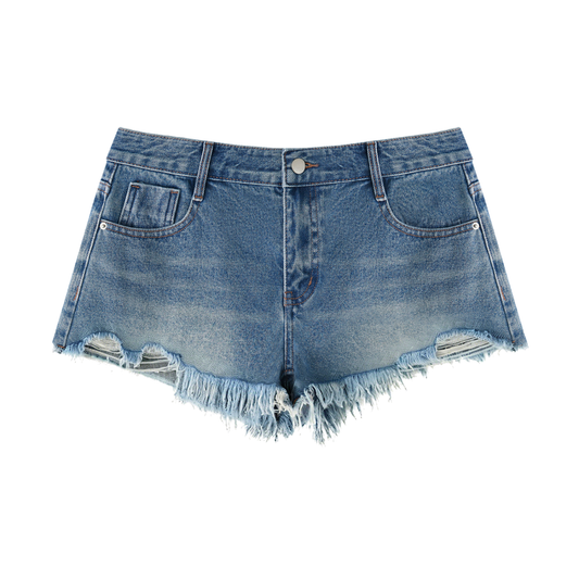 Women's Vintage Wash Raw Hem Denim Shorts in blue