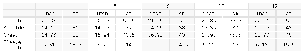 Size chart for the Women's Yoga Quarter-Zip Mock Neck T-Shirt