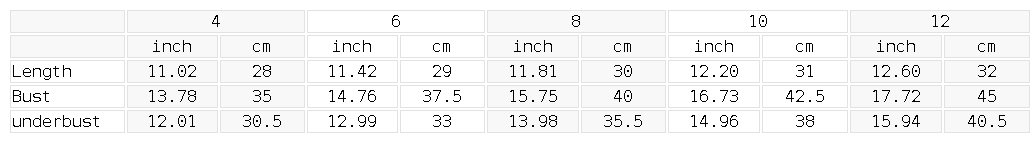 Size chart for the Women's Yoga Sports Bra