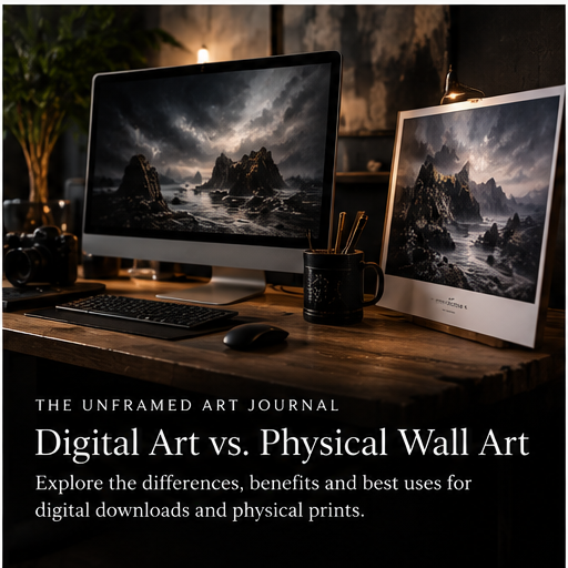 Creative studio showing digital artwork on a monitor beside a physical art print