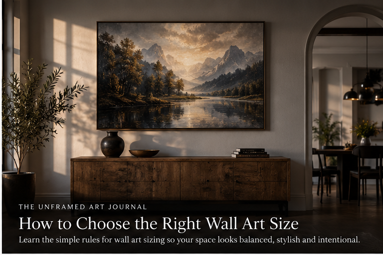 Living room console with proportioned landscape wall art illustrating artwork sizing