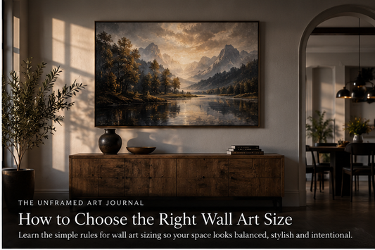 Living room console with proportioned landscape wall art illustrating artwork sizing