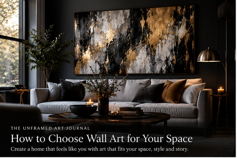 Elegant living room with large abstract statement artwork above a sofa