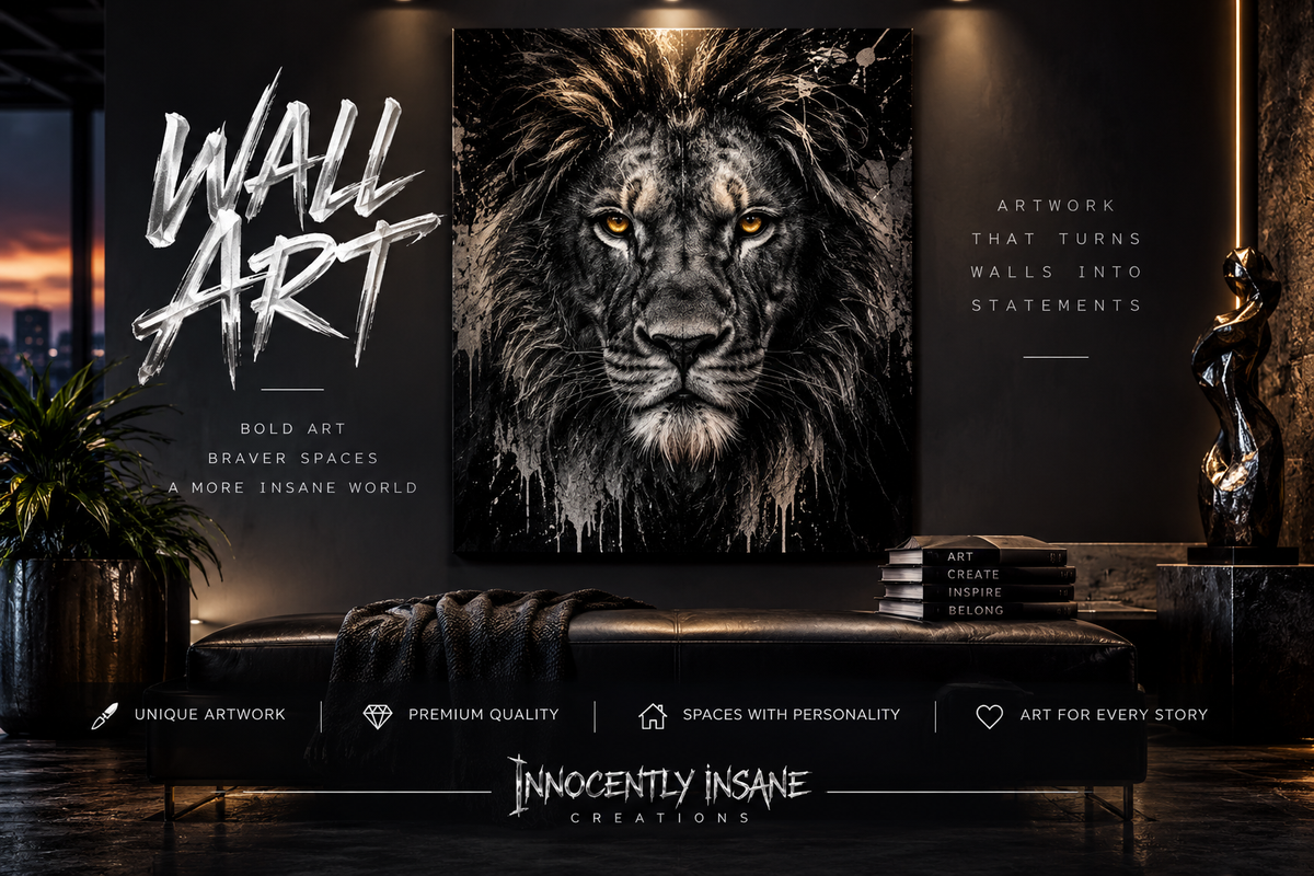 Innocently Insane Creations wall art collection featuring bold contemporary lion artwork in a dark gallery interior