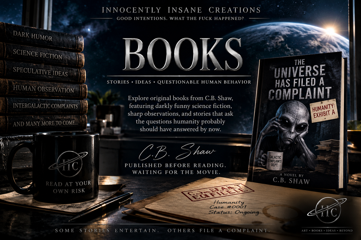 Innocently Insane Creations Books collection featuring C.B. Shaw science fiction, dark comedy, and The Universe Has Filed a Complaint