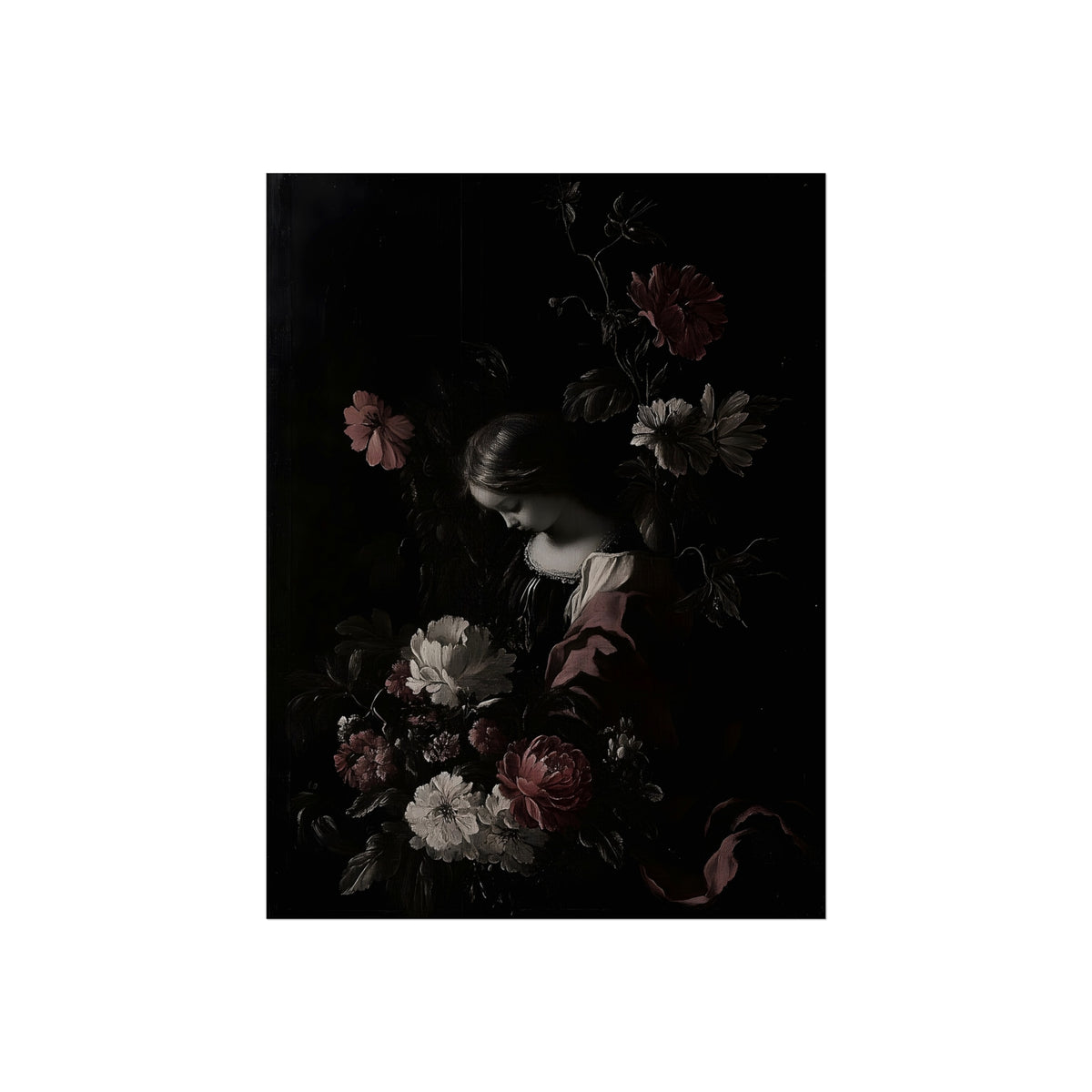 Among Dark Blooms dark floral portrait shown in an interior mockup