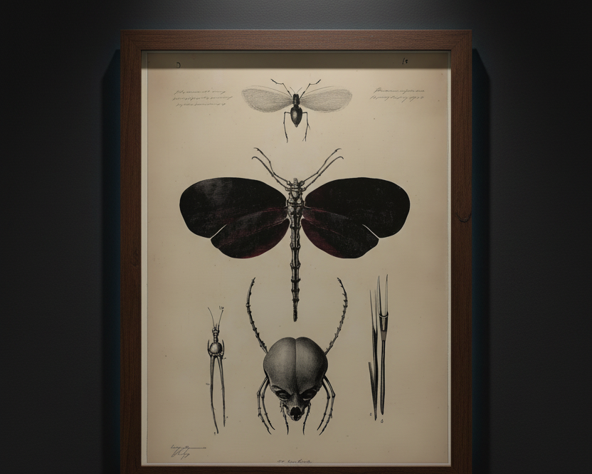 Vintage-style scientific illustration poster showing a large dark-winged insect with smaller detailed views of its head, legs, and wings on a warm beige background.
