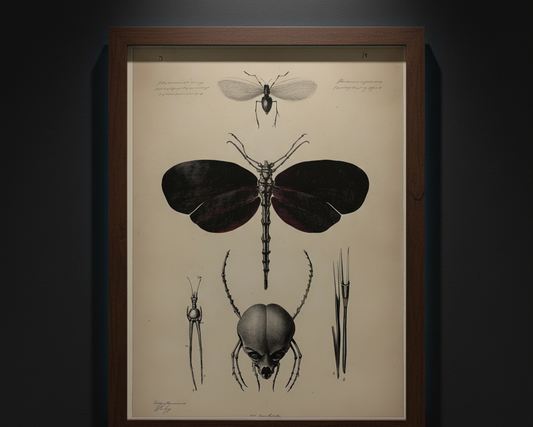 Vintage-style scientific illustration poster showing a large dark-winged insect with smaller detailed views of its head, legs, and wings on a warm beige background.
