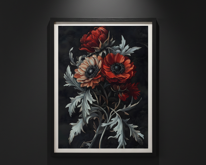 A vertical floral art print featuring red and peach anemone flowers with muted silver-gray leaves on a dark, textured background, centered on a white canvas.