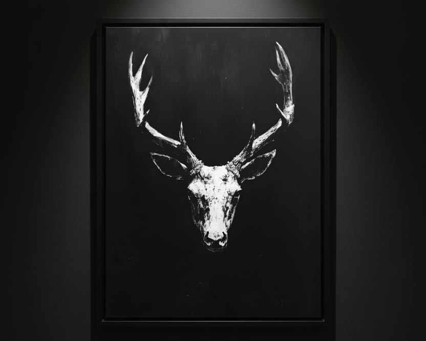 A black and white textured canvas print featuring a stylized deer head with antlers on a solid black background.
