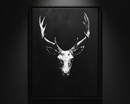 A black and white textured canvas print featuring a stylized deer head with antlers on a solid black background.