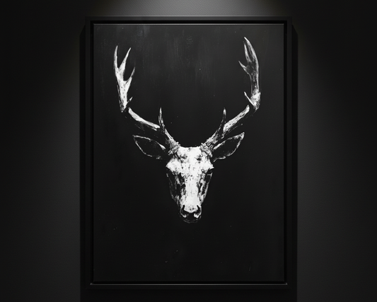 A black and white textured canvas print featuring a stylized deer head with antlers on a solid black background.
