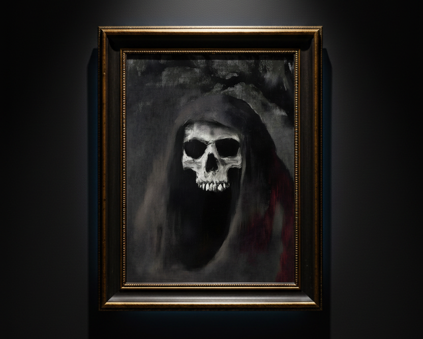 A gothic art print depicting a skull emerging from a dark, hooded figure in a smoky black and gray atmosphere, with a subtle red texture on the right side.