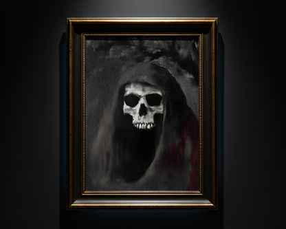 A gothic art print depicting a skull emerging from a dark, hooded figure in a smoky black and gray atmosphere, with a subtle red texture on the right side.