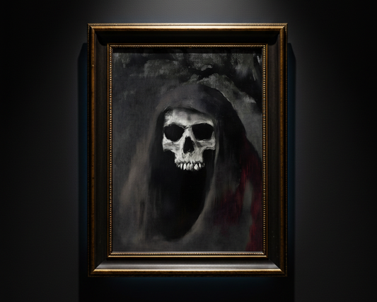 A gothic art print depicting a skull emerging from a dark, hooded figure in a smoky black and gray atmosphere, with a subtle red texture on the right side.
