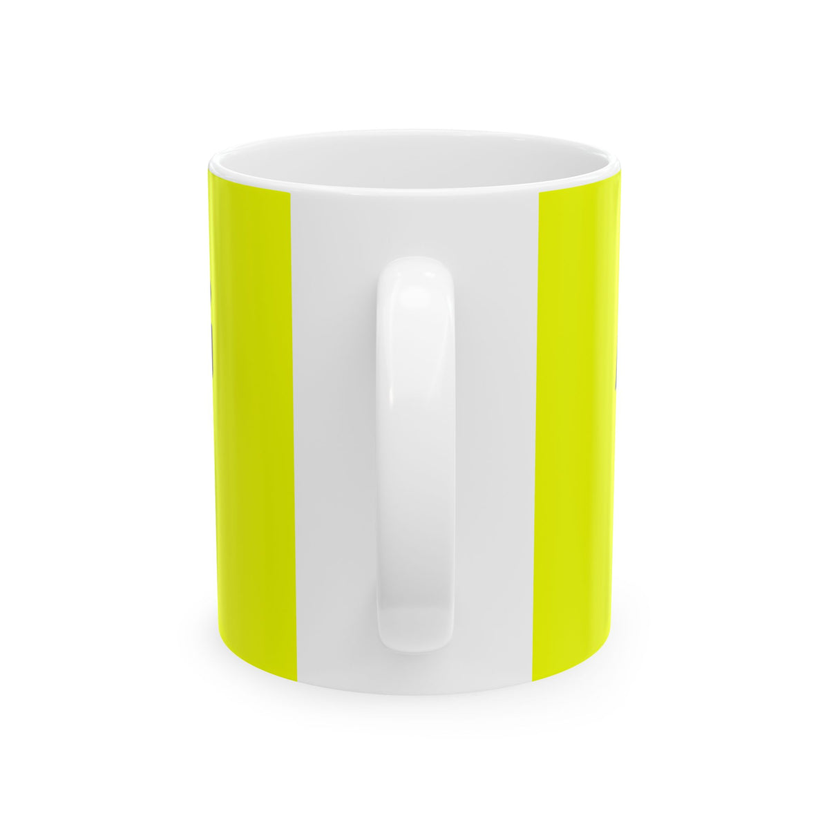 Funny coffee mug printed with "ASK ME ANYTHING AFTER THE COFFEE", back view showing the handle