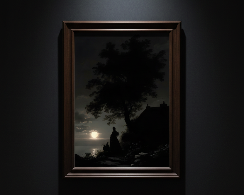 A dark, moody landscape artwork showing a silhouetted figure standing beside a tree and house at sunset or sunrise, with the sun low over the water. The print is centered on a light gray background.