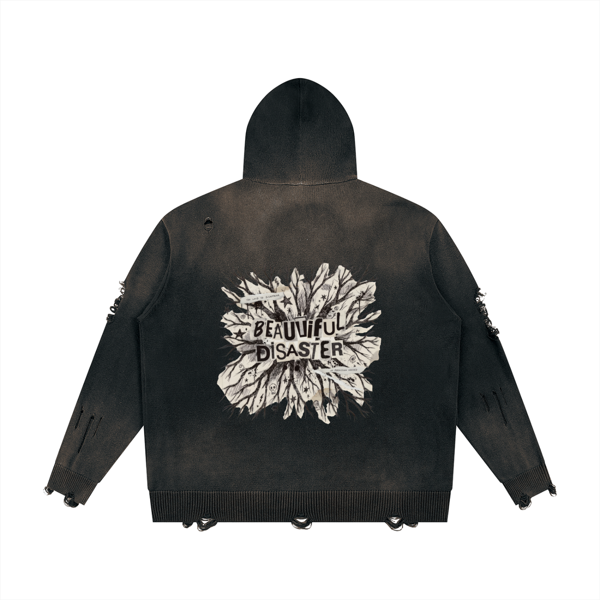 Black distressed full zip hoodie, back view with a large Beautiful Disaster torn paper burst