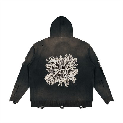 Black distressed full zip hoodie, back view with a large Beautiful Disaster torn paper burst