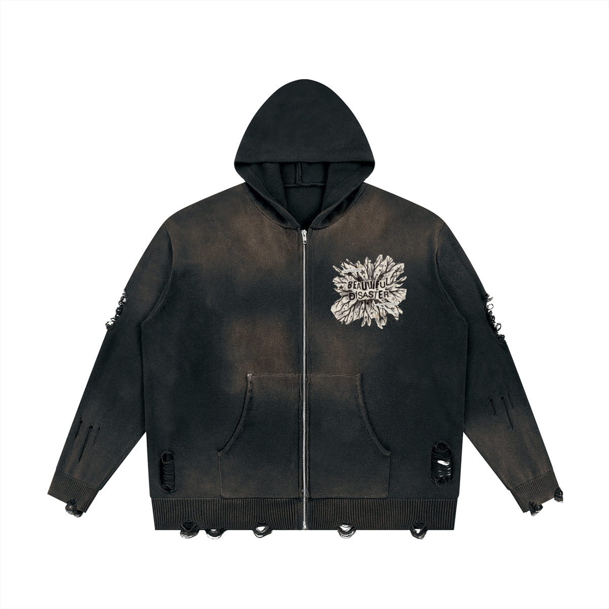 Black distressed full zip hoodie with a vintage wash, ripped sleeves and a small Beautiful Disaster burst on the chest, front view