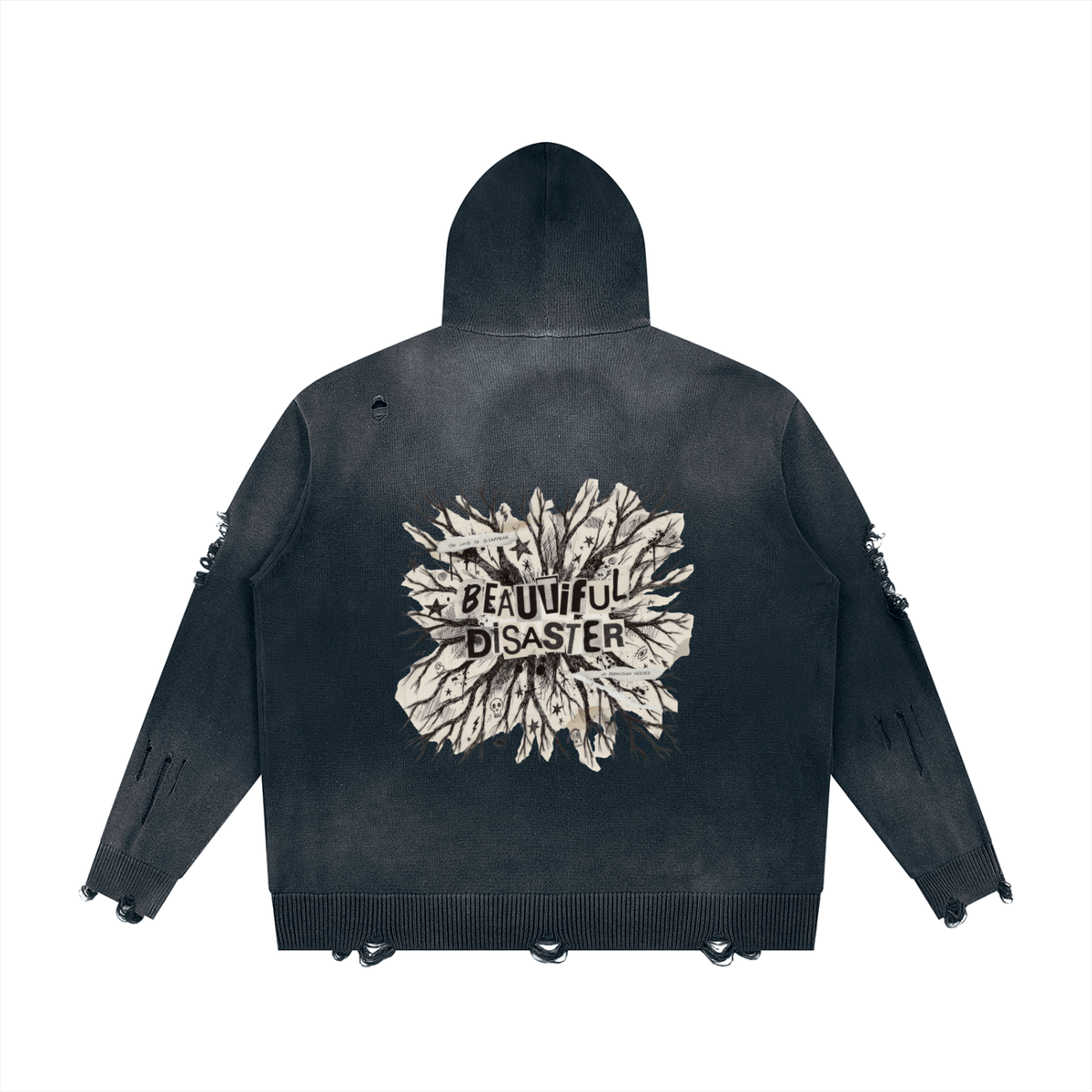 Dark gray distressed full zip hoodie, back view with a large Beautiful Disaster torn paper burst