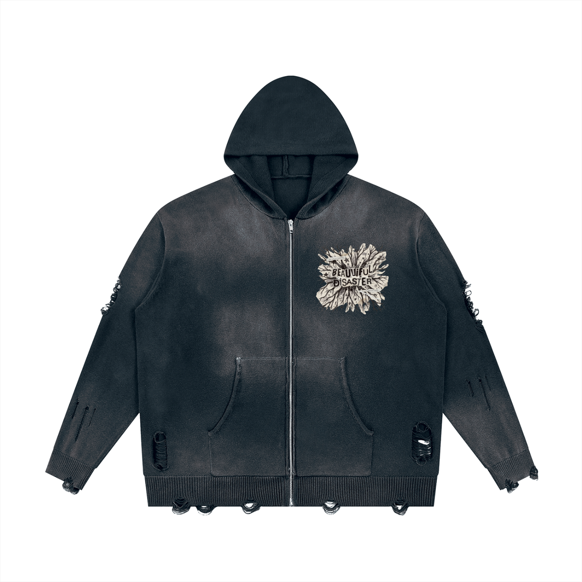 Dark gray distressed full zip hoodie with a vintage wash, ripped sleeves and a small Beautiful Disaster burst on the chest, front view