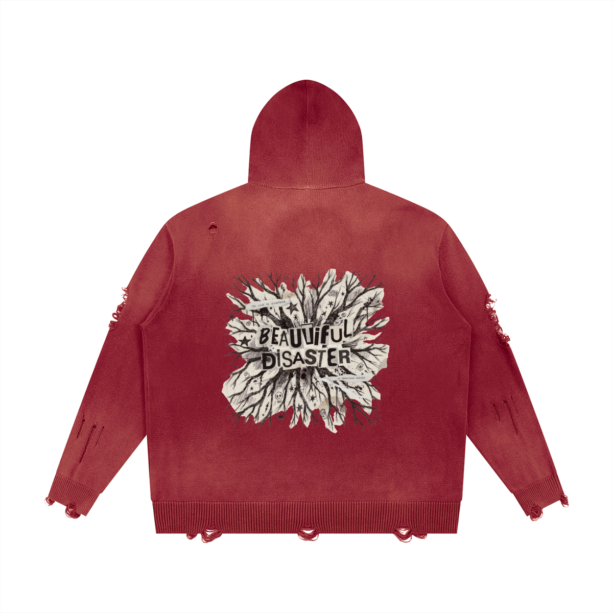 Red distressed full zip hoodie, back view with a large Beautiful Disaster torn paper burst