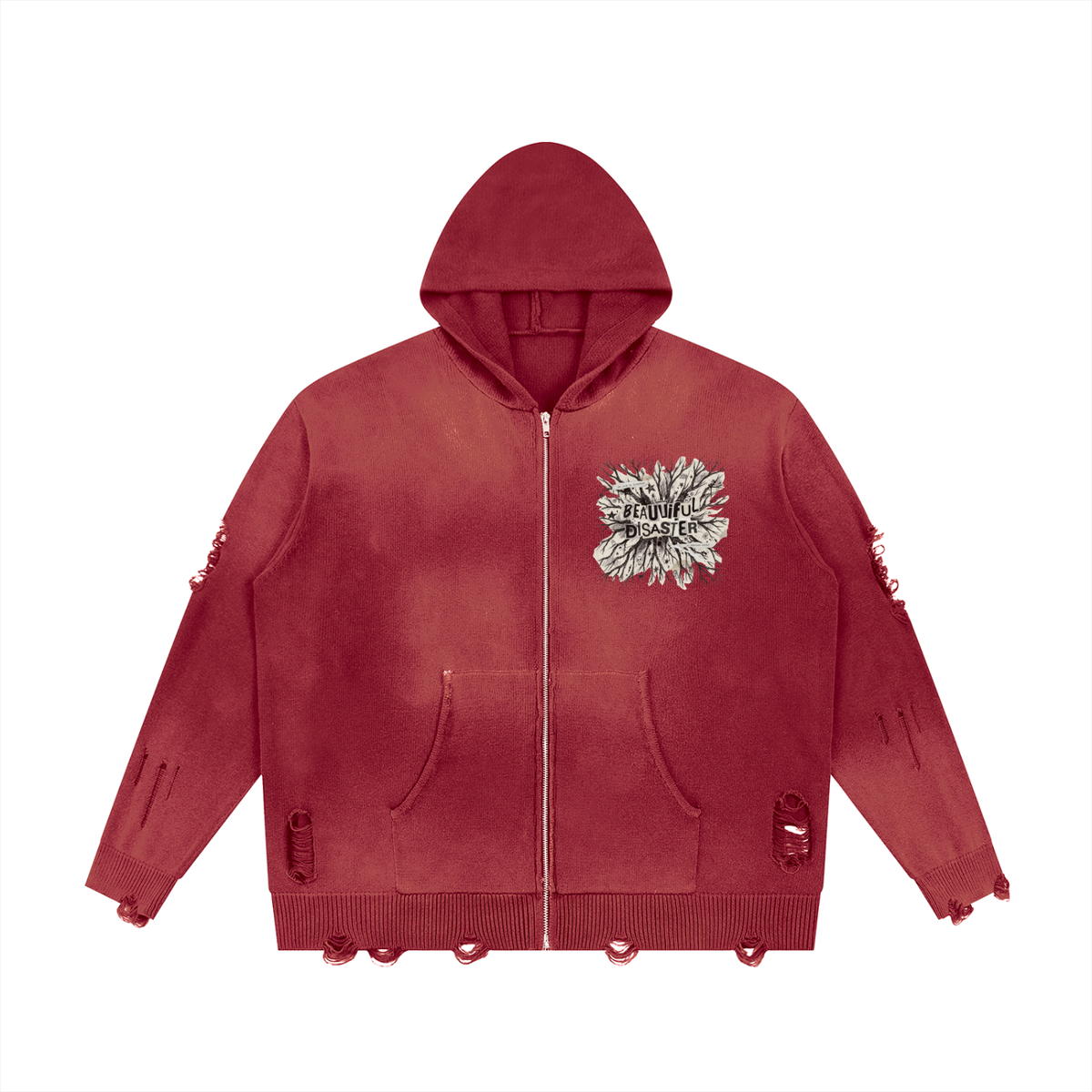 Red distressed full zip hoodie with a vintage wash, ripped sleeves and a small Beautiful Disaster burst on the chest, front view