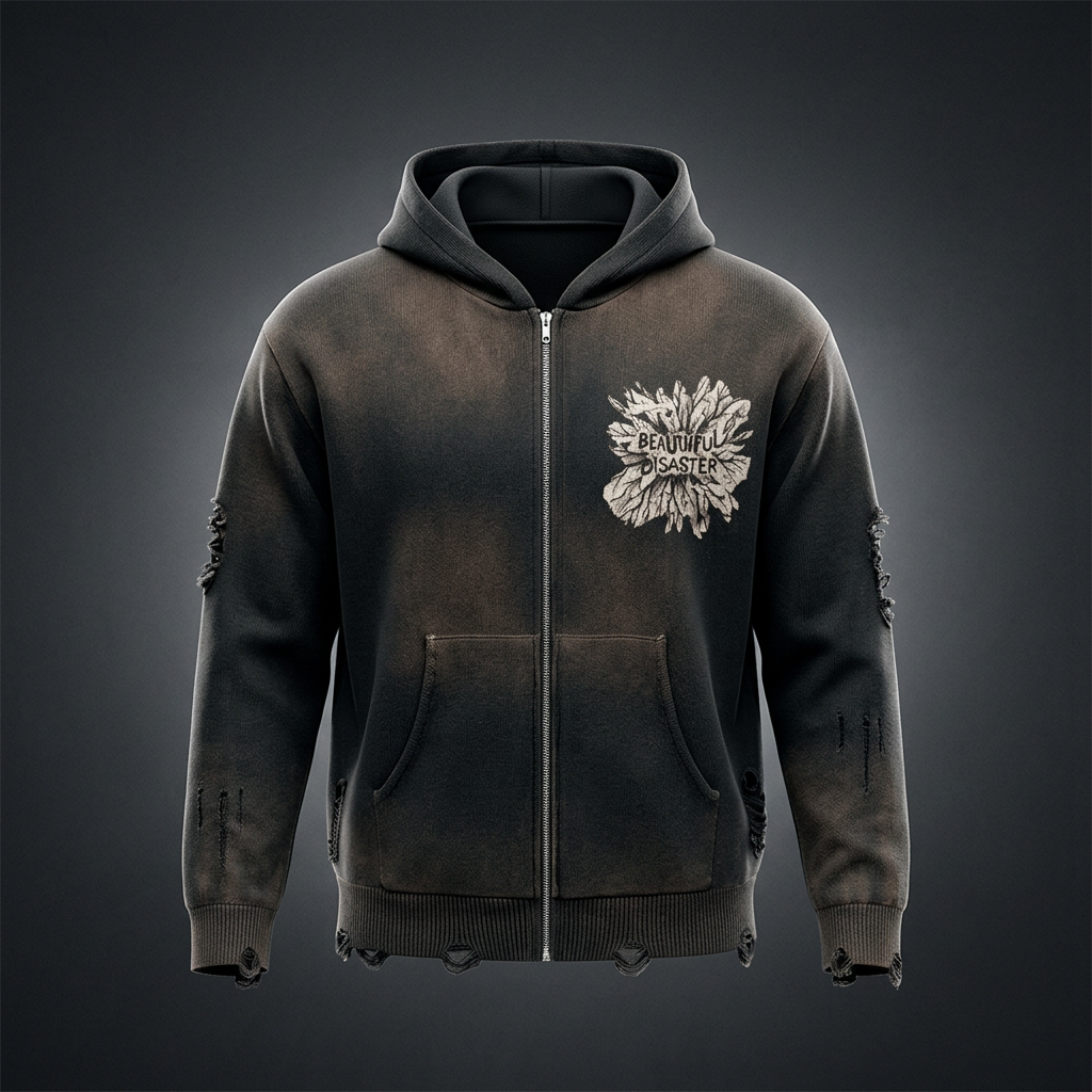 Black heavyweight vintage wash distressed full zip hoodie with ripped hems and a Beautiful Disaster flower graphic on the chest